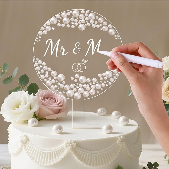 Coucoland Personalized Cake Topper - Round Acrylic Decor for Wedding Birthday with Rhinestones Pearls and Marker Pen (White)