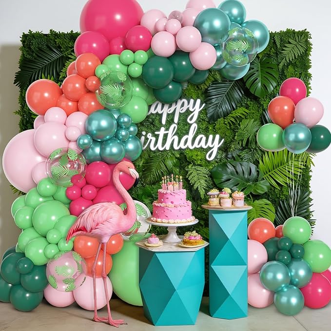Amandir 153pcs Tropical Balloon Arch Kit, Different Sizes 18 12 10 5 inch Hot Pink Green Orange Palm Leaves Hawaiian Luau Balloons for Summer Aloha Flamingo Birthday Shower Beach Party Decorations