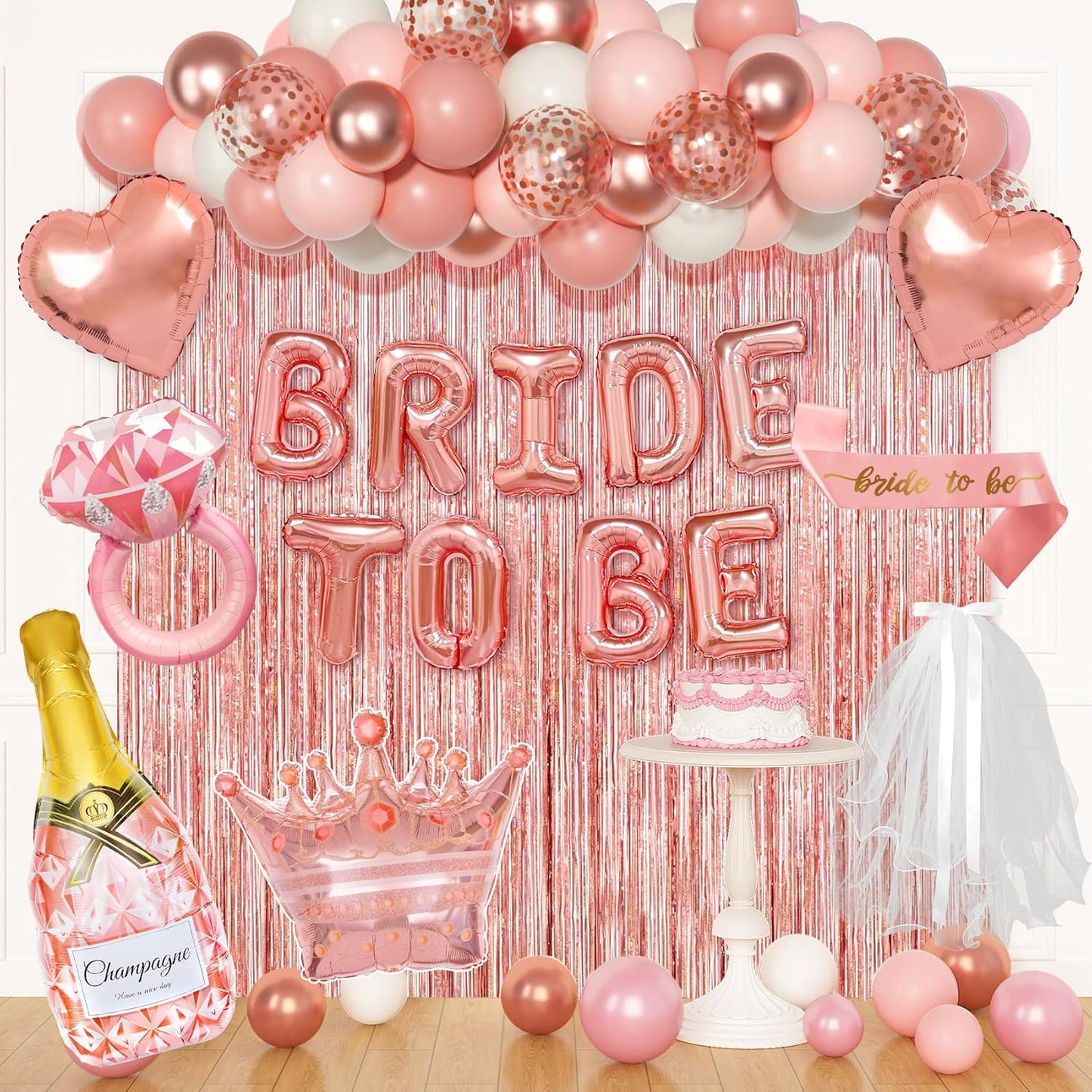 Ouddy Life Rose Gold Bachelorette Party Decorations, Bride to Be Bridal Shower Decoration with Crown Champagnes Diamond Ring Heart Foil Balloons, Veil Sash, Fringe Curtains Engagement Wedding Supply