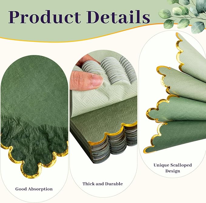 100 Pcs Green Cocktail Napkins with Gold Foil Scalloped Edges 5 x 5 Inch Dessert Napkins Disposable Thick Paper for Wedding Dinner Birthday Party