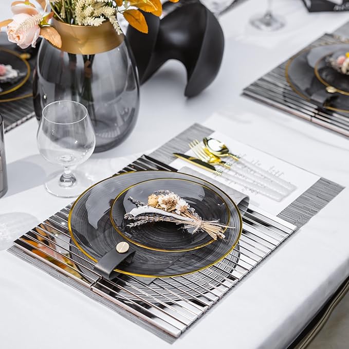 N9R 60PCS Black Plastic Plates with Gold Rim, Elegant Disposable Plates, Circular Ribbed Design, 30 Dinner & 30 Dessert Plate for Parties, Weddings, Halloween, Banquets and Events (Translucent Black)