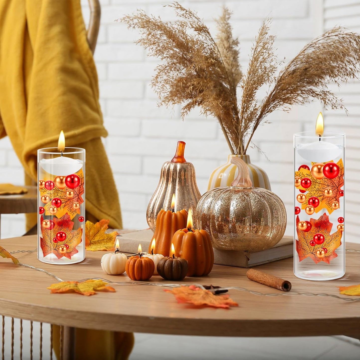 MTLEE 124 Pcs Thanksgiving Vase Filler Faux Pearl for Vase Filler with 8 White Unscented Candles for Fall Thanksgiving Home Table Party Festival Decors, Not Included Clear Beads(Maple Leaves)