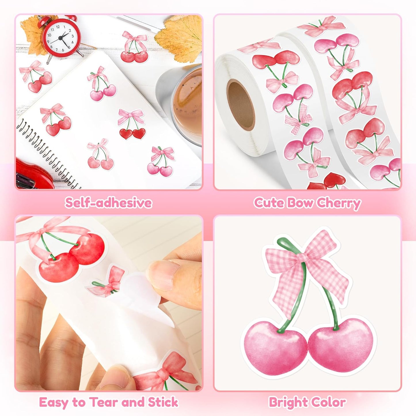 1000pcs Pink Bow Cherry Coquette Sticker Roll (2 Rolls), Watercolor Aesthetic Fruit Decorative Decals, Red & Pink Cherry with Bow Self-Adhesive Stickers for Water Bottle Scrapbook Decor