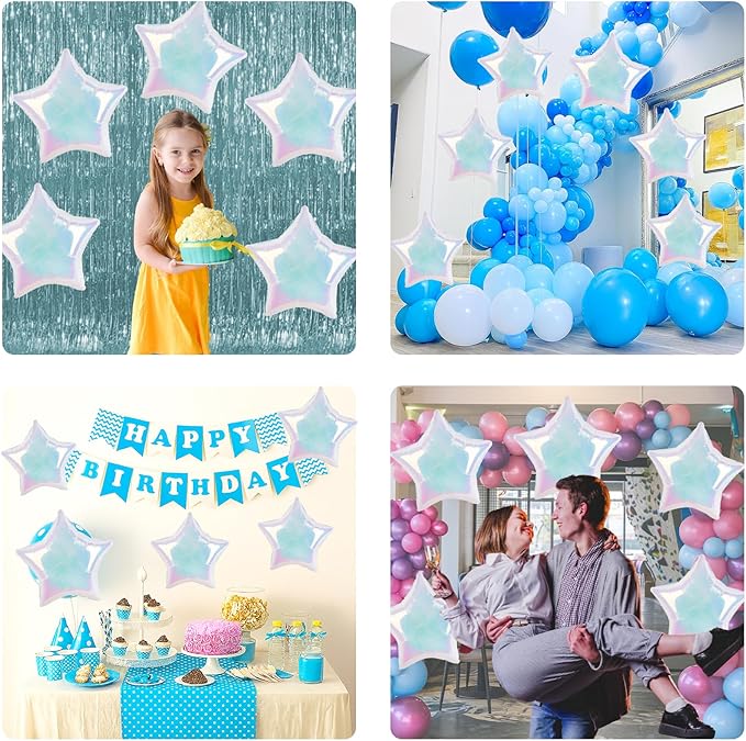10PCS Iridescent Laser Star Foil Balloons, Transparent Laser Foil Stars Shape Balloons, 18 Inch Colorful Stars Balloon Aluminum for Helium for Birthday, Baby Shower, Wedding Party Decoration