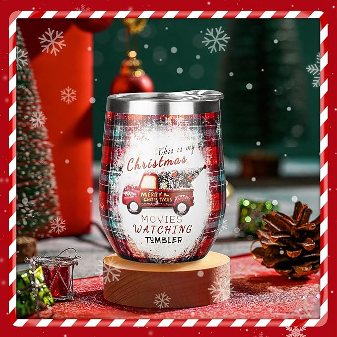 Christmas Wine Tumbler 12 oz Christmas Stainless Steel Wine Glass with Lid and Straw Stemless Double Wall Insulated Wine Cups Keeping Cold & Hot for Holiday Xmas Wedding Party Gifts (trucks)