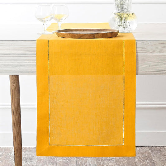 D'Moksha Homes Linen Sunflower Yellow Table Runner 72 Inches Long - 100% Pure Linen Hemstitch Table Runner 14 x 72 Inch for Dresser, Dining, Fall, Autumn and Halloween - Classic Hemstitch