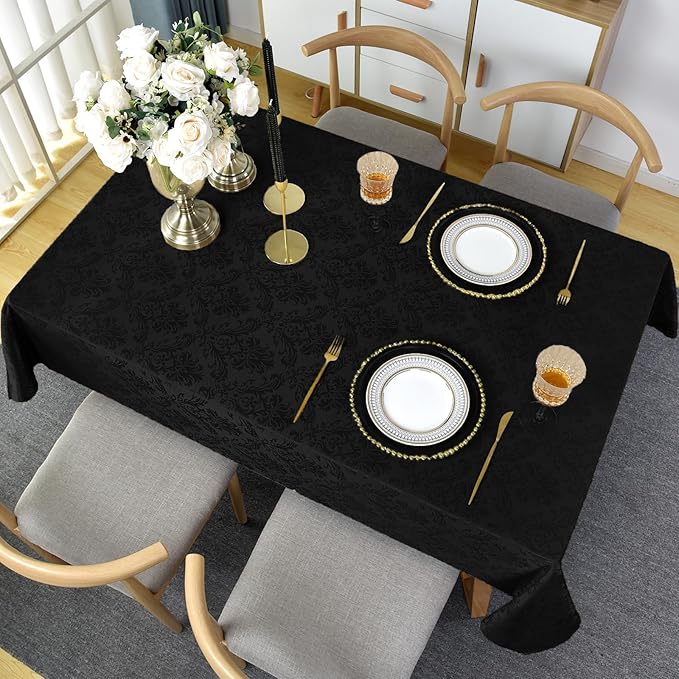 Rectangle Table Cloth - 60 x 102 Inch Black Jacquard Tablecloths Damask Design Spillproof Wrinkle Resistant Shrinkproof Soft Tablecloth Polyester Oblong Table Cover for Kitchen Dinning Party Tabletop