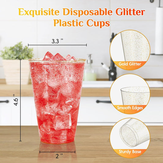 Vplus 100 Count 14 OZ Gold Glitter Heavy Duty Large Plastic Cups, Disposable Plastic Glasses Tumblers, Elegant Wedding Birthday Thanksgiving Party Cups