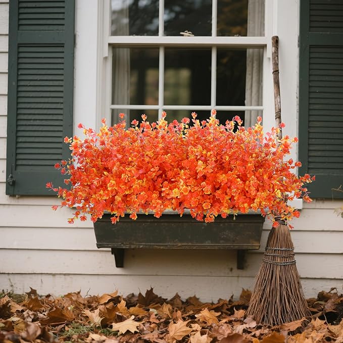12 Bundles Faux Mums for Fall Decor, UV Resistant Fall Flowers Artificial for Decoration Fake Mums for Thanksgiving Halloween Autumn Indoor Outdoor Garden Porch Window Wedding(Fall Red)