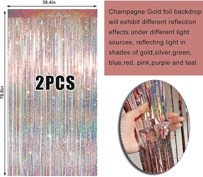4 Packs Champagne Foil Fringe Curtain, Rose Gold Glitter Metallic Tinsel Backdrop for Birthday Wedding Bridal Baby Shower Engagement Bachelorette Party Decorations Supplies