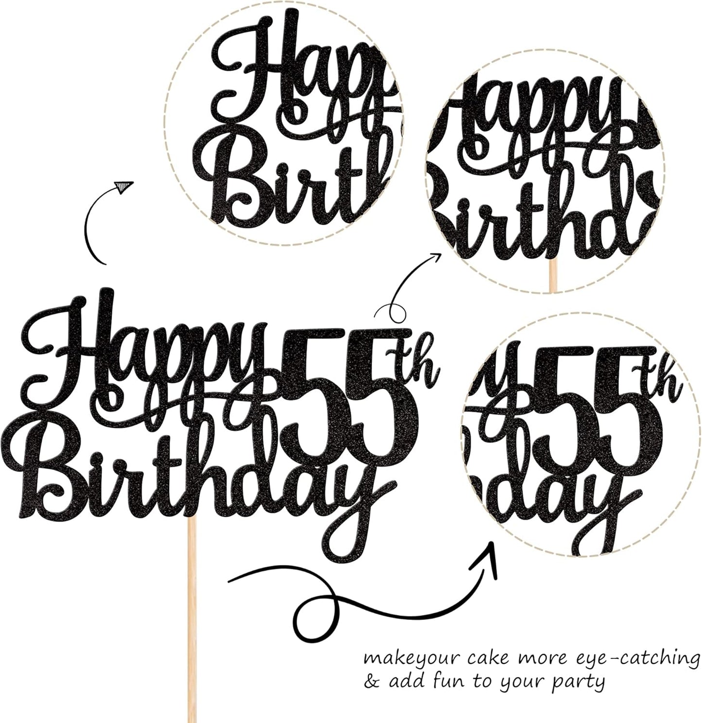 1 PCS Happy 55th Birthday Cake Topper Glitter Cheers to 55 Years Birthday Cake Pick 55 Fabulous Cake Decoration for Happy 55th Birthday Theme Party Decorations Supplies Black