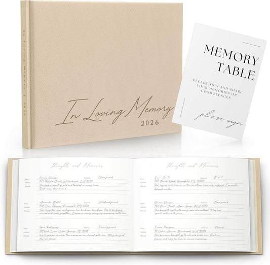 Funeral Guest Book for 2026 Celebration Of Life Memorial Service - Leather Memory Book for Funeral Guests to Sign In with Condolence Memory Table Sign & Back Pocket - Beige Guestbook