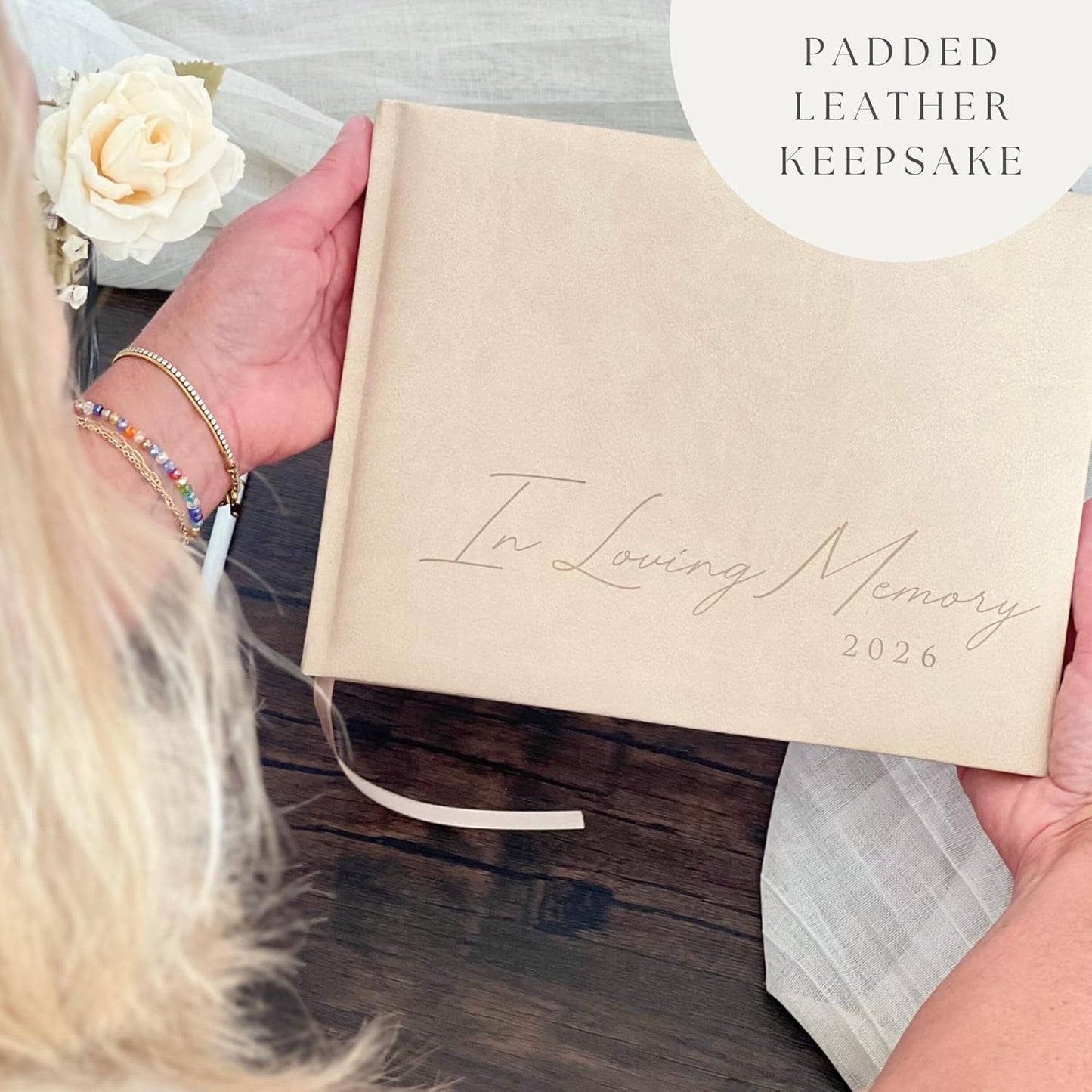 Funeral Guest Book for 2026 Celebration Of Life Memorial Service - Leather Memory Book for Funeral Guests to Sign In with Condolence Memory Table Sign & Back Pocket - Beige Guestbook
