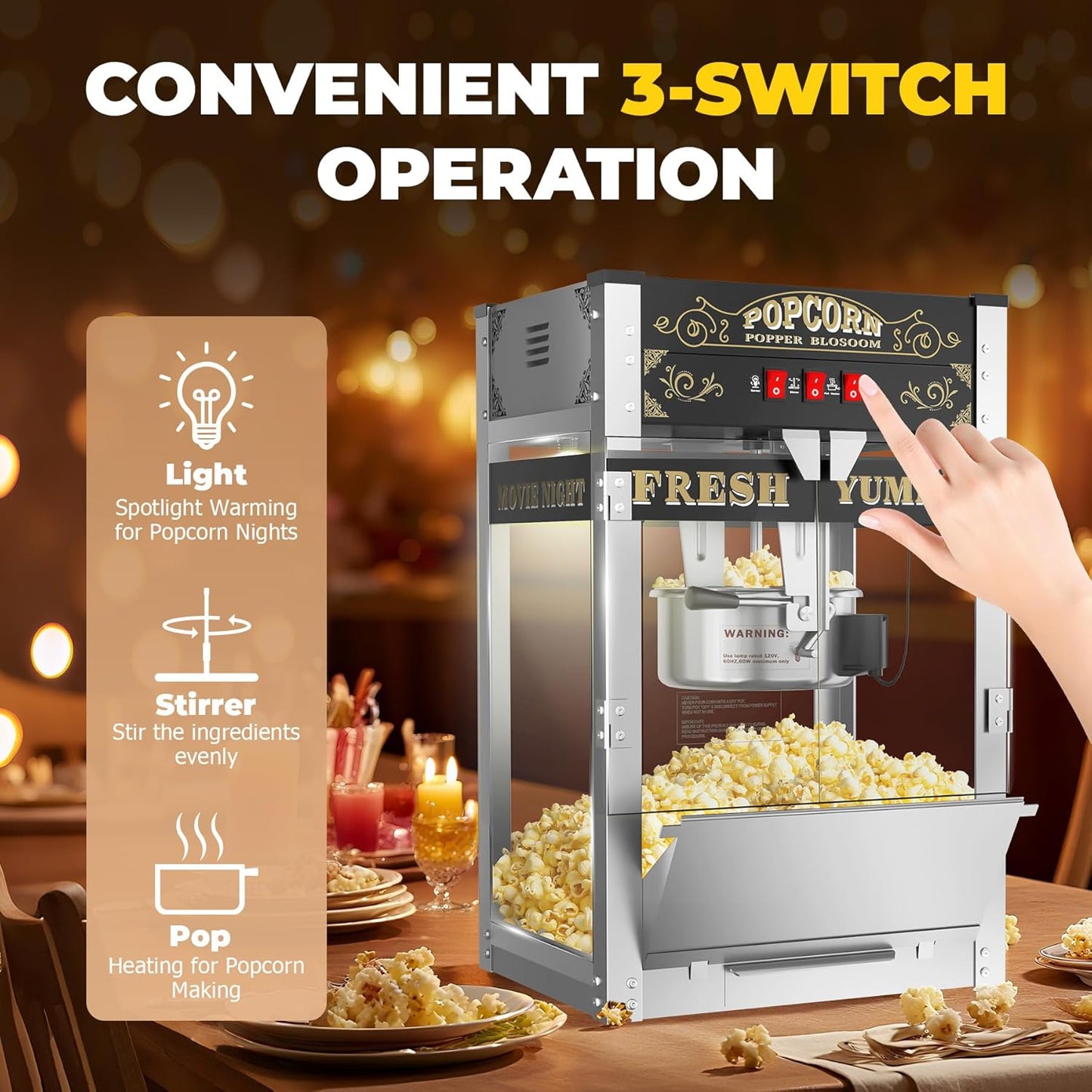 22oz Commercial Popcorn Machine with Cart, Large Popcorn Machine Makes Up to 80 Cups, Movie Theater Pop Corn Machine with Easy-Rolling wheels & Stainless-Steel Kettle, Black
