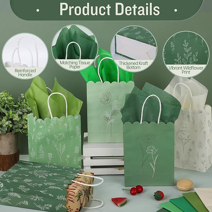 MIMIND 120 Pcs Sage Green Wildflower Gift Bags with Handles Reusable Floral Paper Bags with Tissue Paper for Weddings Birthdays Baby Shower Party Favors