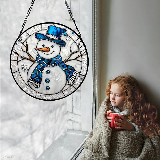 Stained Glass Window Hanging Christmas Snowman Blue White 6.3" - Suncatcher Door Garden Sun Catcher Home Decor Birthday Mother's Day Xmas Gift for Mom Men Woman Her Nana Parents Girl