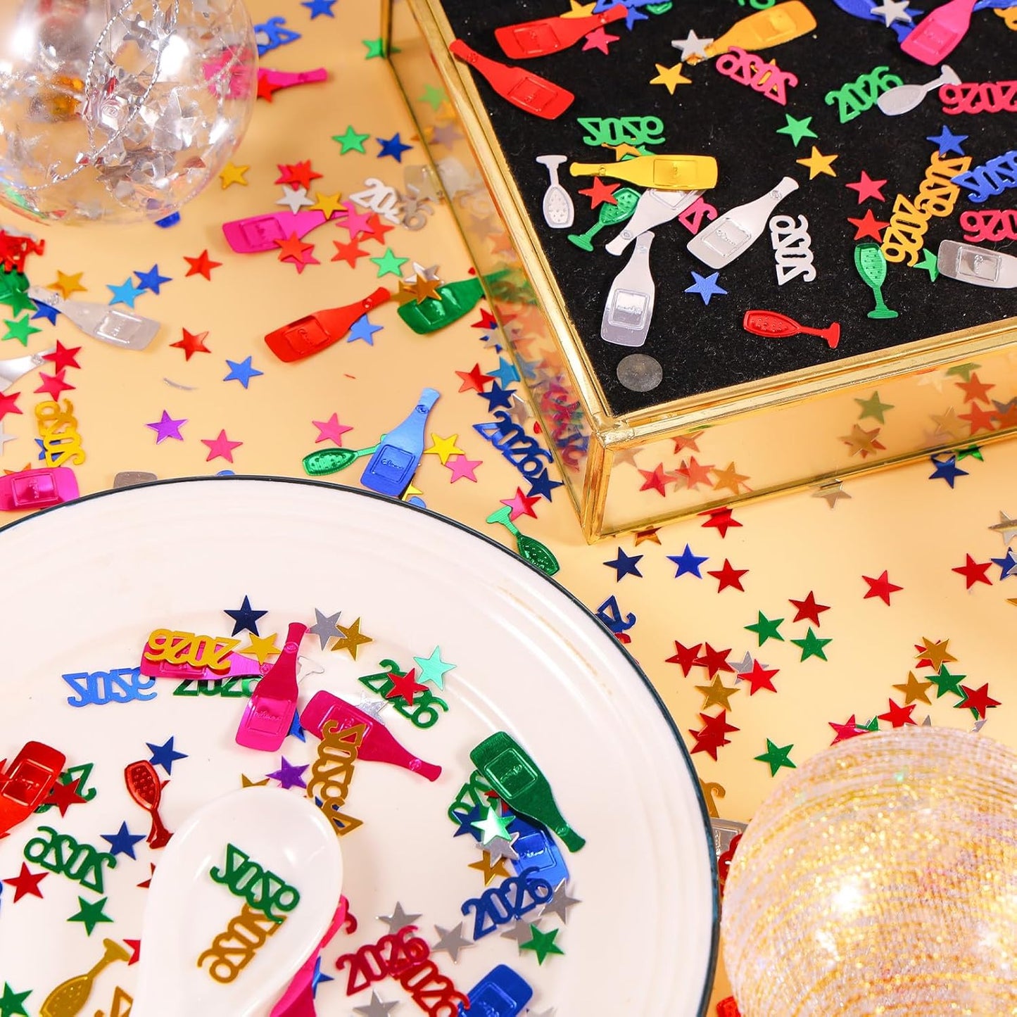 Happy New Year 2026 Confetti, Multicolor Star Wine Bottle Sprinkles Table Scatter Confetti for New Years Eve Decorations