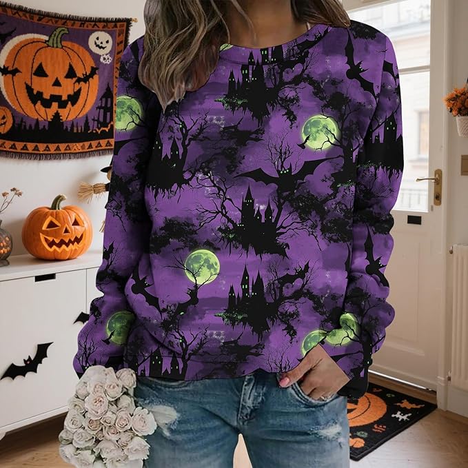 LIZALIG Pullover Cute Sweatshirt Orange Skeleton Fall Festive FunWomens Design Bat Holiday Party Outings Pumpkin Print
