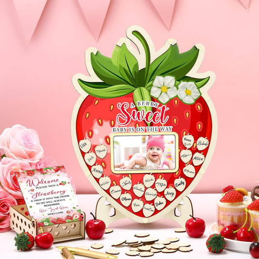 Wenqik 63 Pcs Strawberry Baby Shower Guest Book Alternatives Set Baby Shower Decorations with Photo Frame Sonogram Frame Keepsake 60 Wood Slices Guest Book for Birthday