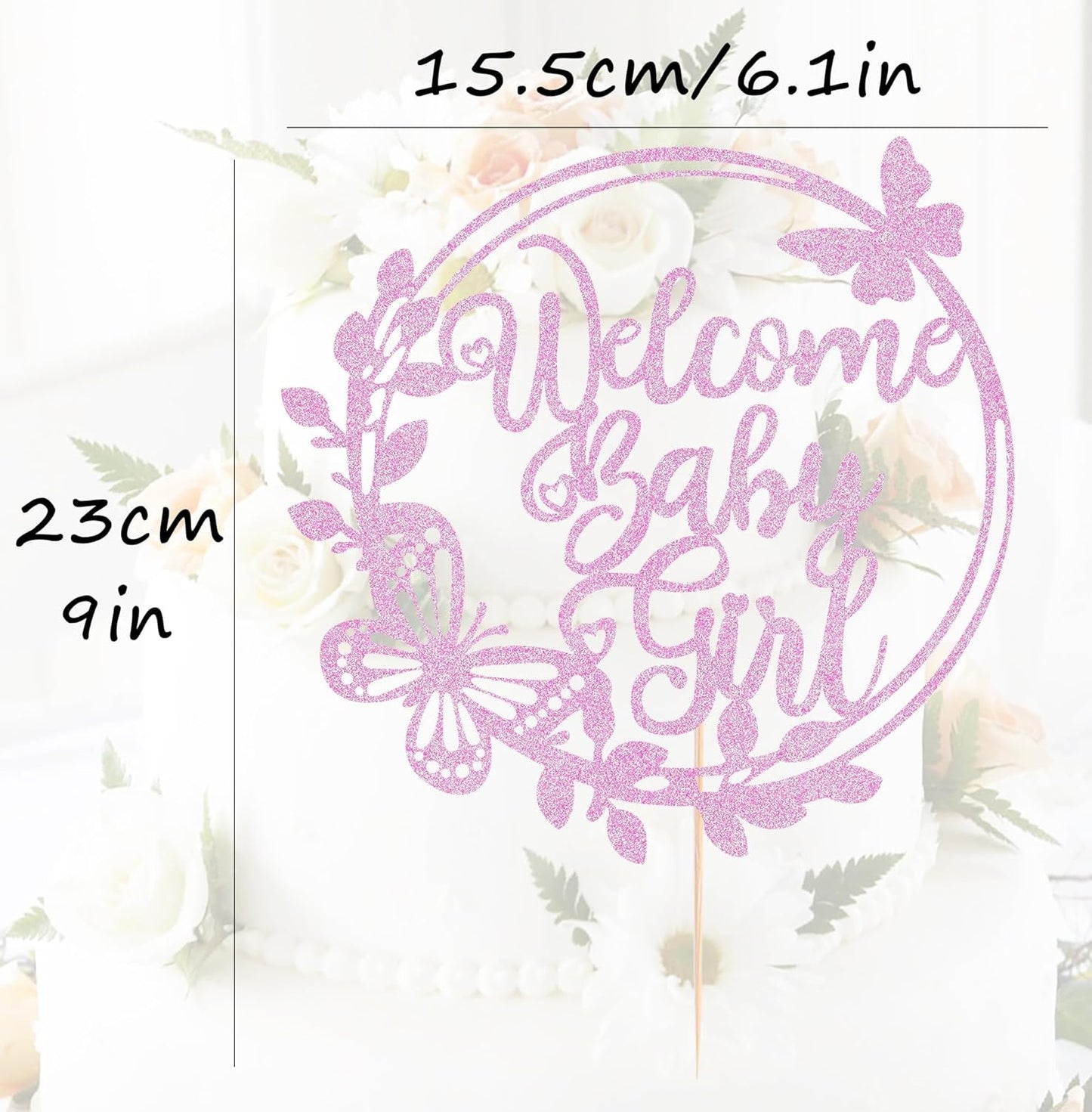 Welcome Baby Girl Cake Topper - Pink Glitter Baby Shower Cake Decorations, Baby Girl Cake Topper, for Baby Shower/Birthday Party/Gender Reveal Party Photo Booth Props