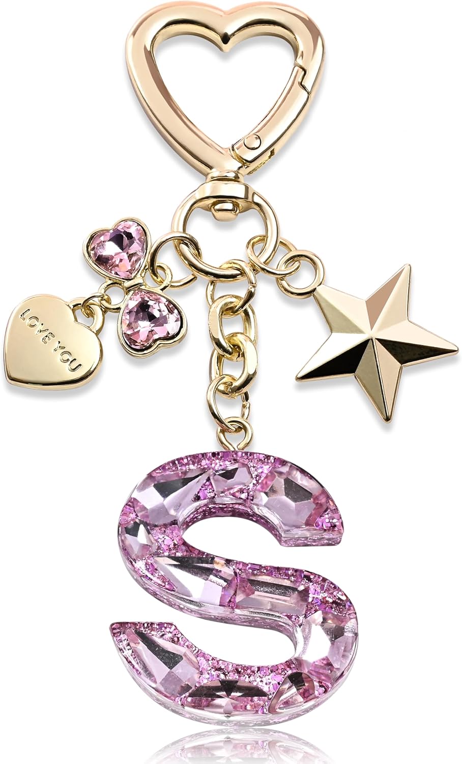 Cute Bling Keychain initial Letter Butterfly Star Pink Purple Gift for Women Girls Bag Cup Charms Accessories
