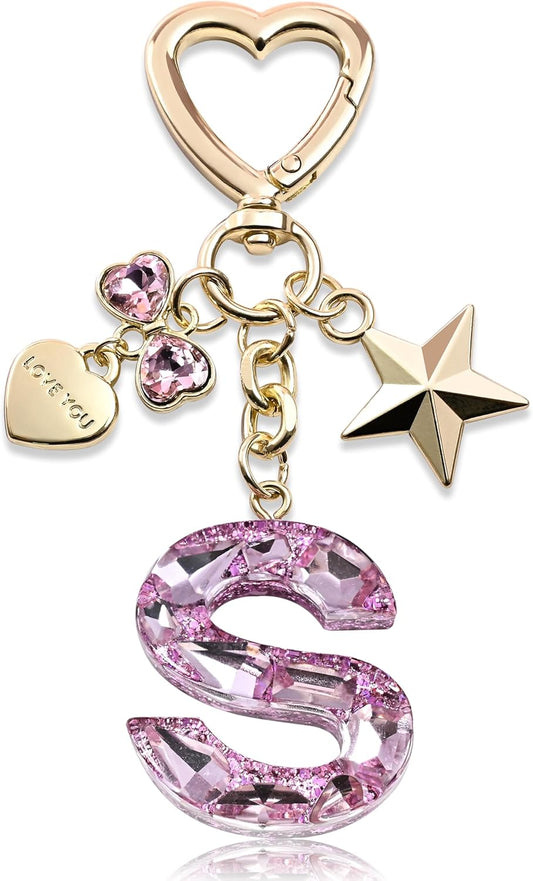 Cute Bling Keychain initial Letter Butterfly Star Pink Purple Gift for Women Girls Bag Cup Charms Accessories