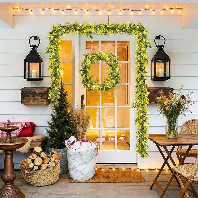 RECUTMS 3 Pcs Green Garland with Lights Fern Hanging Light Fake Hanging Vines Spring Garland with Lights Green Leaf Vines for Spring Home Wall Mantel Party Wedding Fireplace Decoration(Yellow)