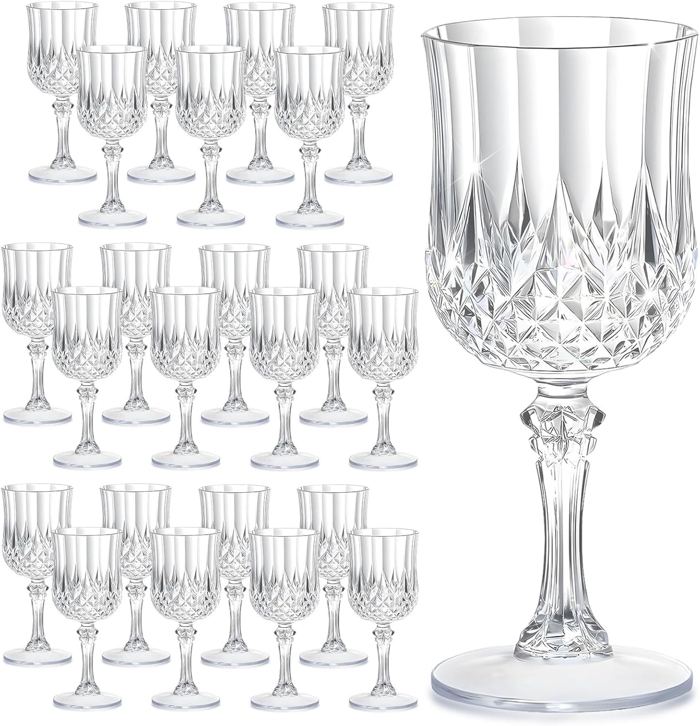 24PCS 7OZ Transparent Wine Plastic Glasses, Drinking Champagne Glasses Flutes Crystal Vintage Water Unbreakable Goblets for Wedding, Parties