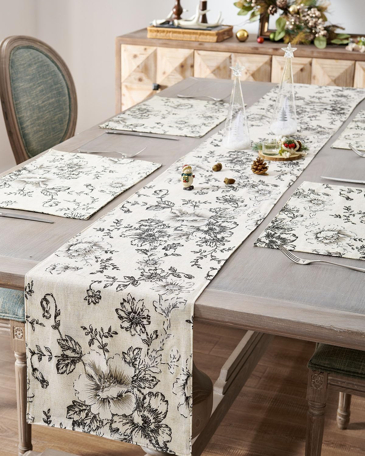 jinchan Floral Linen Table Runner for Kitchen Farmhouse Table Cloth with Black Flower Print 13 x 70 Inch Beige Linen Blend Cloth for Kitchen Dining Table Indoor Outdoor Decor 1 Panel