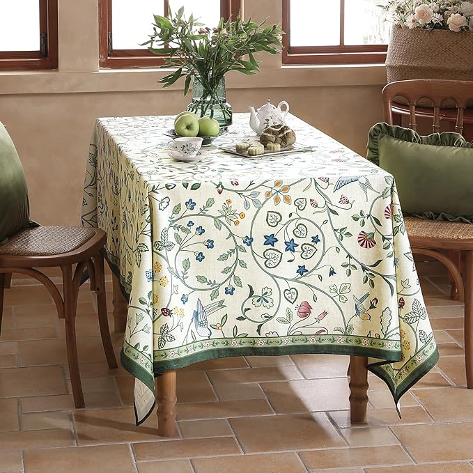 Linen Table Cloth Rectangle,Wrinkle Resistant French White and Green Tablecloth Print with Froal,Decor Stitch Table Cloth for Thanksgiving,Dining Room,Home,55" × 79"-Idaho A