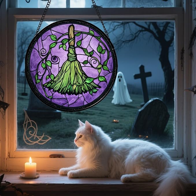 Stained Glass Window Hanging - Halloween Decorations Witch Magic Broom Suncatcher for Doors Garden Indoor Funny Spooky Sun Catchers Gothic Decor Horror Gifts for Women Men Friend 9.8 in