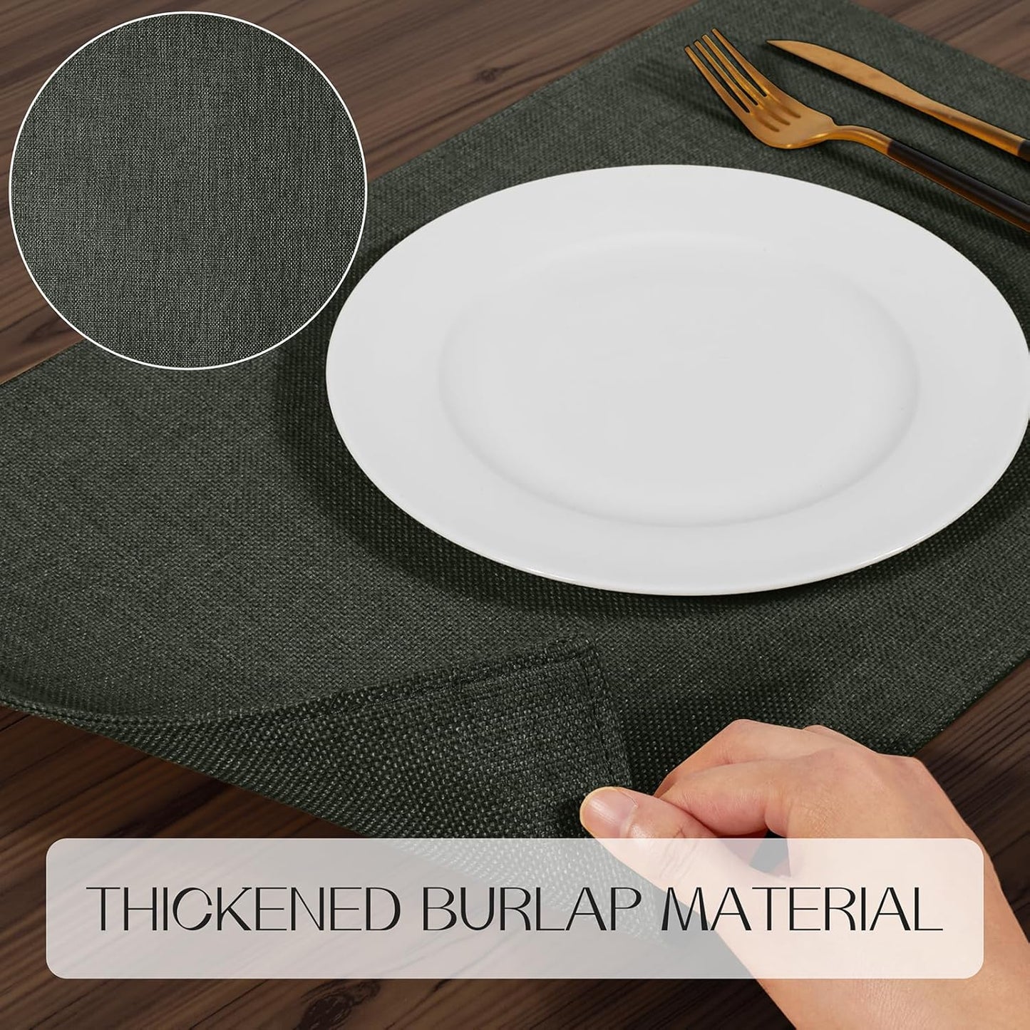 Romanstile Cloth Placemats Set of 8-12 x 18 Inch, Heat Resistant Double Layered Thickened Burlap Place Mats, Washable Faux Linen Farmhouse Table Mats for Kitchen/Dining/Party/Outdoor, Dark Grey