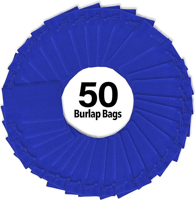 Mandala Crafts 3x4 Inch Royal Blue Burlap Drawstring Gift Bags for Favors - 50 Mini Linen Sacks Gift Pouches for Candy, Jewelry, Wedding, and Party Supplies