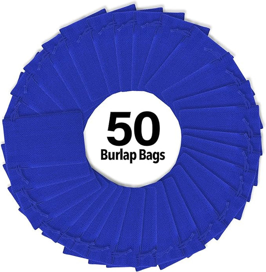 Mandala Crafts 3x4 Inch Royal Blue Burlap Drawstring Gift Bags for Favors - 50 Mini Linen Sacks Gift Pouches for Candy, Jewelry, Wedding, and Party Supplies