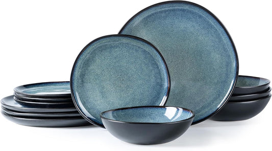 AmorArc Ceramic Dinnerware Sets,Handmade Reactive Glaze Stoneware Plates and Bowls Set,Highly Chip and Crack Resistant | Dishwasher & Microwave Safe Dishes Set,Service for 4 (12pc)