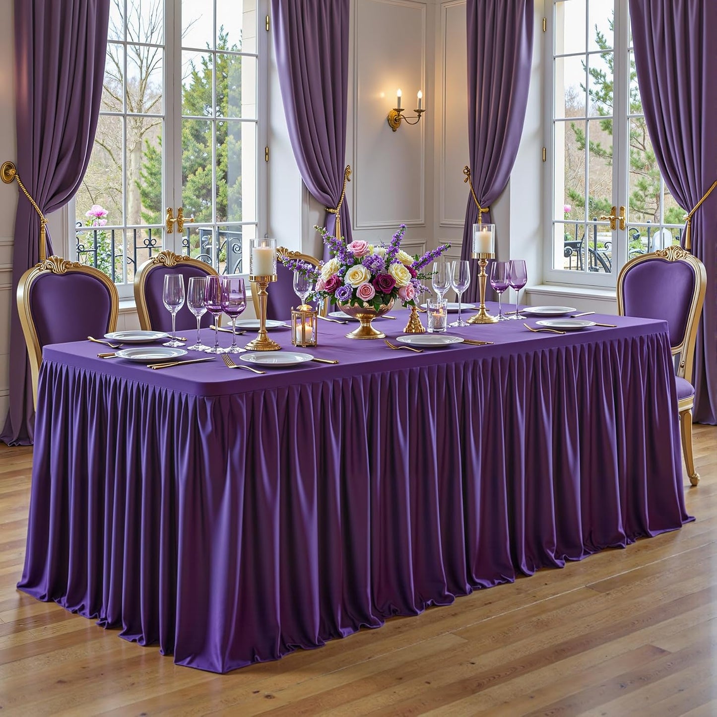 1 Pack Purple Rectangle Table Clothes for 4 Foot Tables, Polyester Wrinkle Free Fitted Tablecloths 4ft Stretch Table Cover with Skirt for Wedding, Birthday, Parties, Trade Show, Craft Show