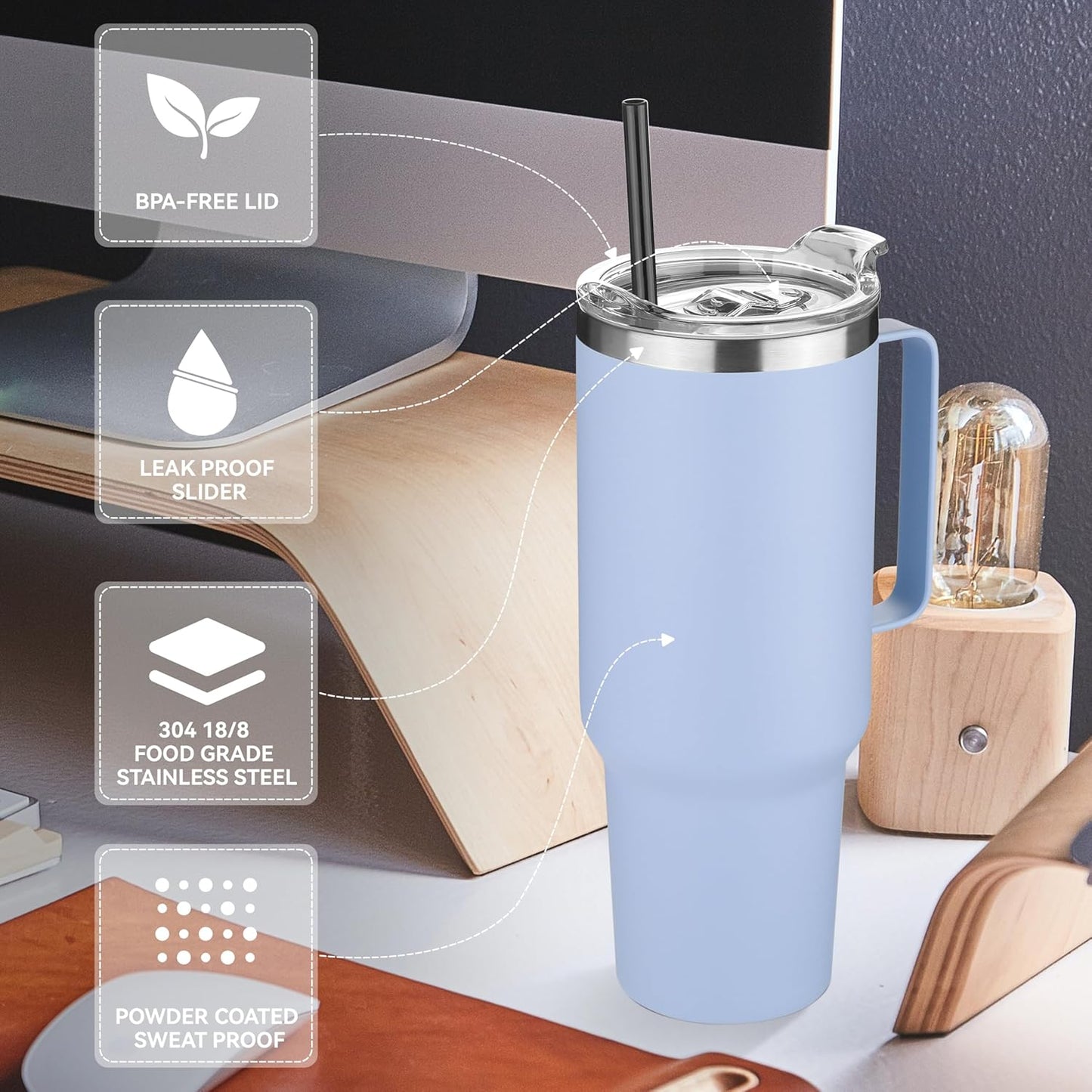 HASLE OUTFITTERS 40 oz Stainless Steel Tumbler with Handle, Vacuum Insulated Tumblers Bulk, Reusable Double Wall Travel Coffee Mug, Durable Powder Coated Water Bottle(Blue, 4)