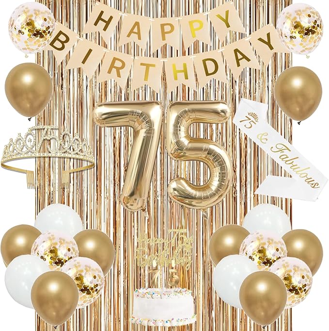 Trgowaul 75th Birthday Decorations for Women, Banner, Sash and Crown, Cake Topper, 75 Number Balloon, Fringe Curtains, Champagne Gold 75th Birthday Party Supplies