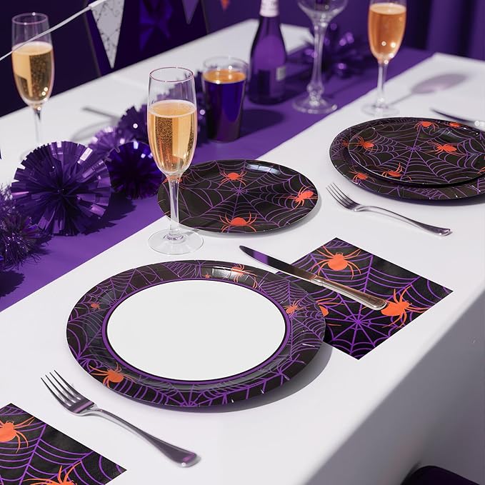 75pcs Spider Party Supplies - Disposable Spider Web Paper Plates & Napkins (25pcs 9" & 7" Plates, 25pcs Napkins) for Birthdays, Halloween, Birthday, and Parties Decoration