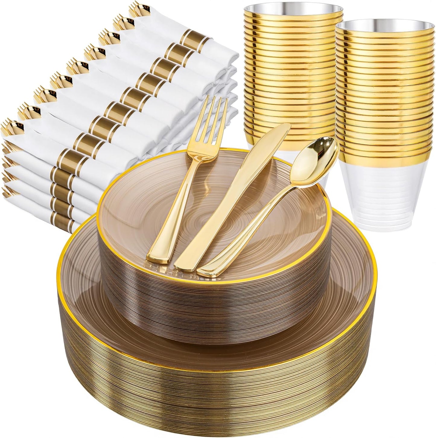 Morejoy 350PCS Clear Brown Plastic Plates - Disposable Gold Party Plates & Pre Rolled Napkins with Cutlery for 50 Guests, 100Plates, 150Silverware, 50Cups, 50Napkin for Party & Thanksgiving
