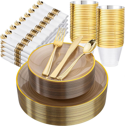 Morejoy 350PCS Clear Brown Plastic Plates - Disposable Gold Party Plates & Pre Rolled Napkins with Cutlery for 50 Guests, 100Plates, 150Silverware, 50Cups, 50Napkin for Party & Thanksgiving
