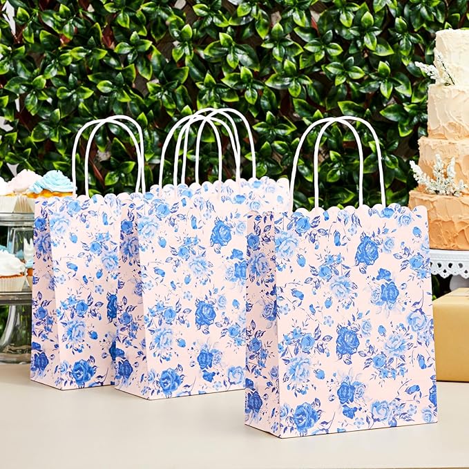 Sparkle and Bash Floral Party Favor Bags - 24-Pack, 10 x 8 x 4 In, Blue & Pink - Reusable Paper with Handles for Thank You Gift Bags at Wedding, Bridal & Baby Shower