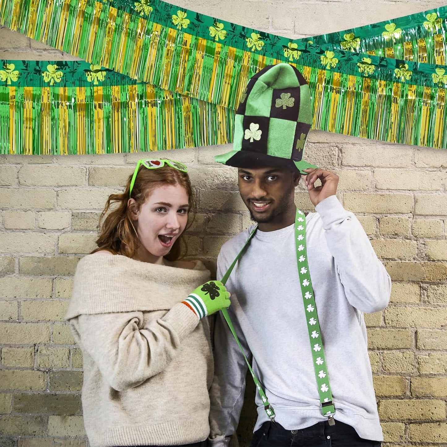 Mega-L St Patricks Day Decorations 4 Pack 78Ft Foil Fringe Garland Tinsel Banner, Green Gold Shamrock Pattern Metallic Hanging Backdrop Streamers Table Skirts for Birthday Party Parade Float Golf Cart
