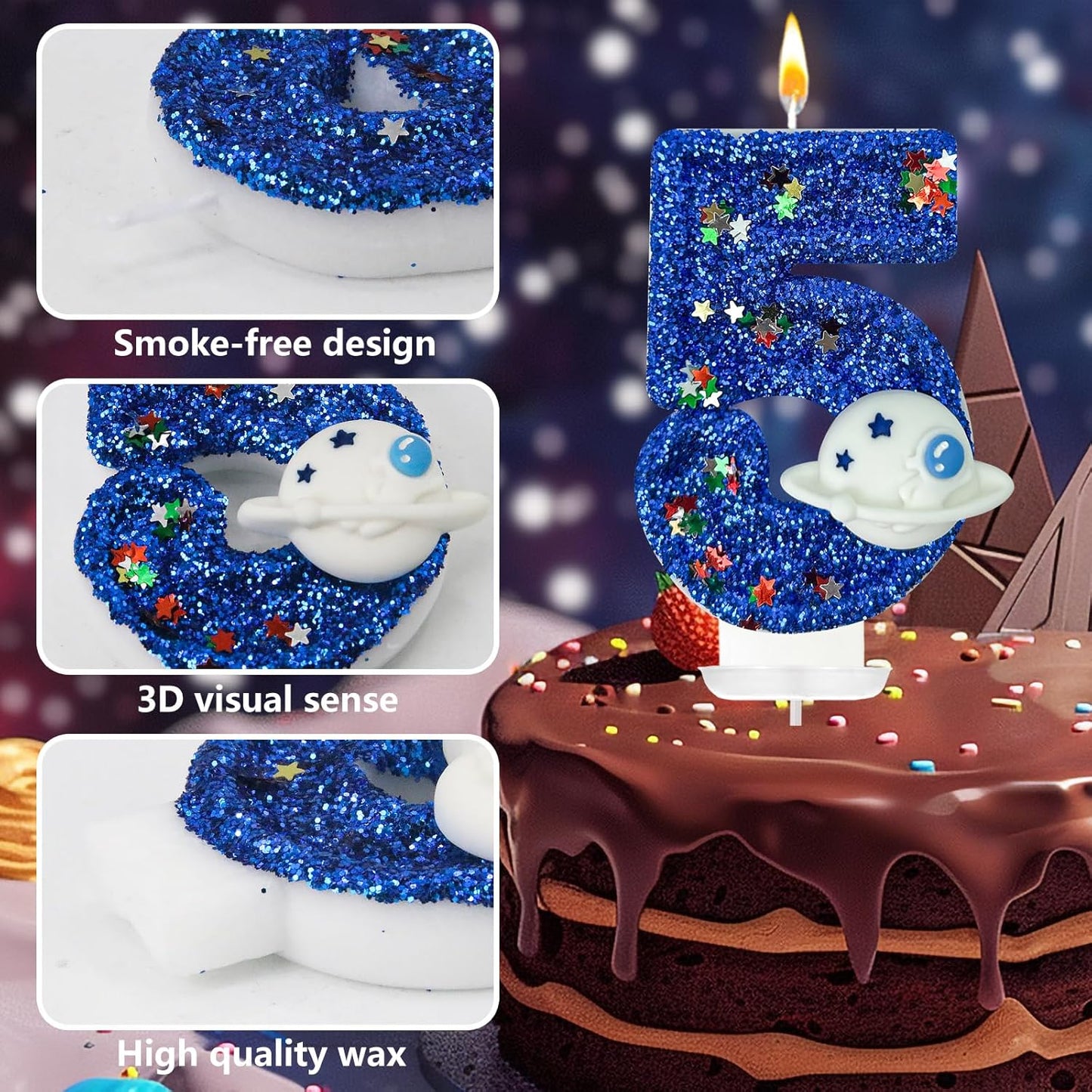 HXOUSE Spaceship Number 5 Birthday Candles - Outer Space Universe Birthday Candles for Cake, 5 Candle Topper for Anniversary Celebrations, Astronaut Rocket Party Decorations for Boys