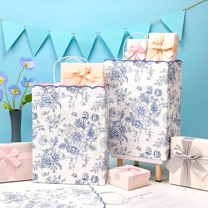 Kolldenn 24 Pcs Blue Floral Party Favor Bags with Handles 10 x 5 x 13 Inch Large Scalloped Wildflower Goodie Candy Gift Treat Bags for Birthday Decoration for Bridal Baby Shower Party Supplie