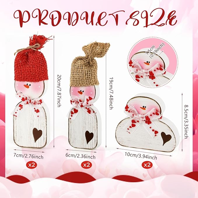 6 Pcs Valentines Day Wood Snowman Table Decorations Winter Snowman Tabletop Block Sign Rustic Farmhouse Xmas Tiered Tray Decor for Christmas Winter Holiday Home Office Shelf Party Decor