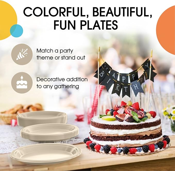 Party Solids Ivory Plastic Plates For Party Supplies, Ivory Disposable Plates 100 Pieces - 50-7" & 50-9" Heavy Duty 350 GSM Disposable Dinnerware Sets, Plastic Dinnerware Sets