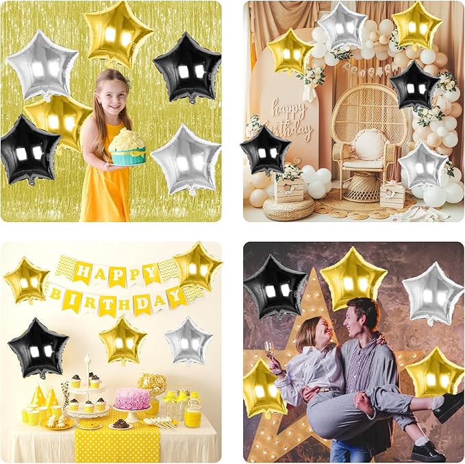 Black Gold Silver Star Foil Balloons, 10PCS Foil Stars Shape Balloons, 18 Inch Metallic Black and Gold Stars Balloon for Helium Pentagram Balloon for Birthday, New Years, Graduation Party Decorations