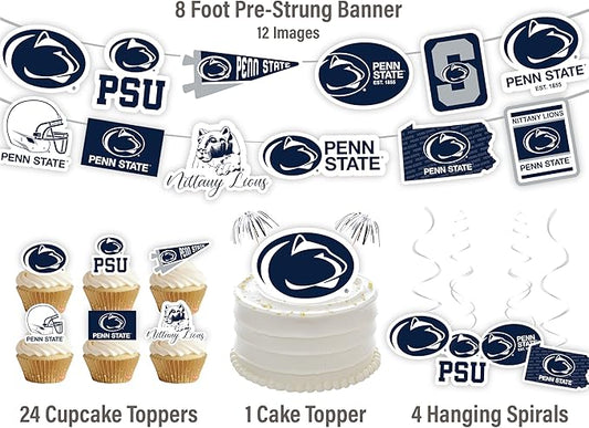 PSU Party Supplies for Football, Birthday Gift, Graduation Party Banner and Cake Toppers (42 Pieces) (Penn State Nittany Lions)