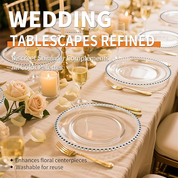 12 Pack Clear Charger Plates Bulk Wedding, 13 Inch Plastic Round Dinner Chargers with Black Beaded Rim, Acrylic Round Decorative Plates for Wedding Party Home and Tabletop Decor (Black)